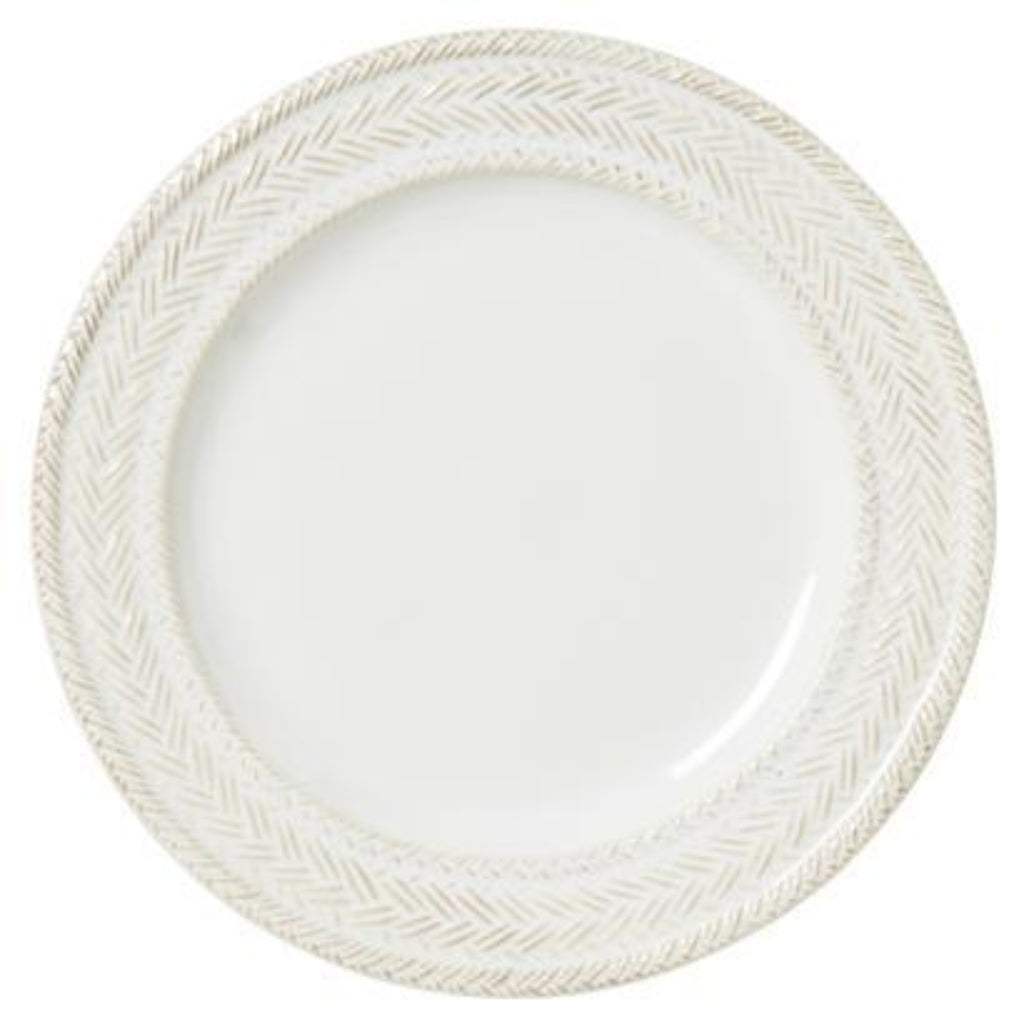 La Panier dinner plate with white weave border on white background. 