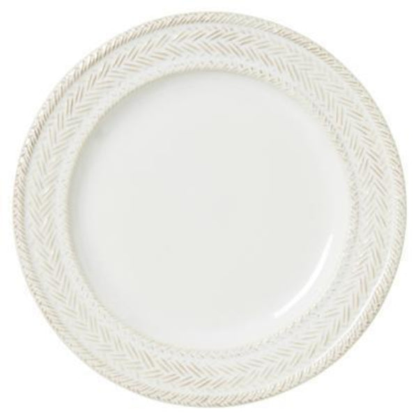 La Panier dinner plate with white weave border on white background. 