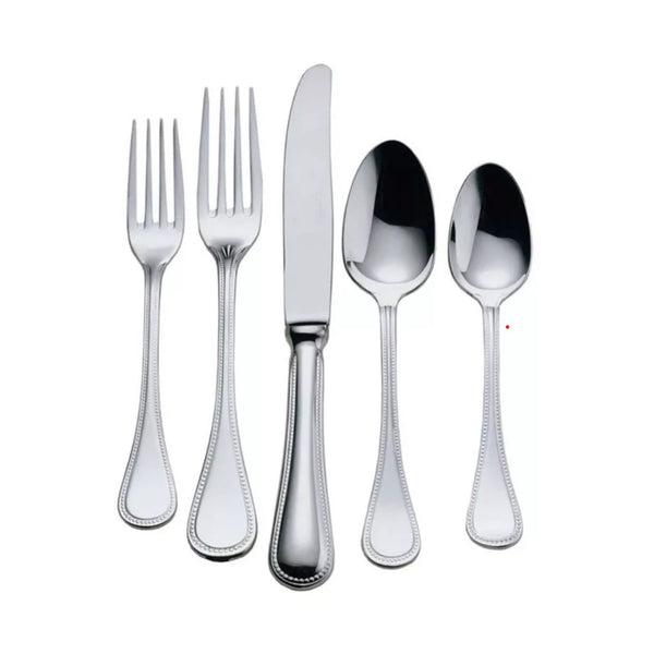 Couzon Le Perle flatware 5-piece place setting. Dinner fork, salad fork, knife, soup spoon, dessert spoon. 