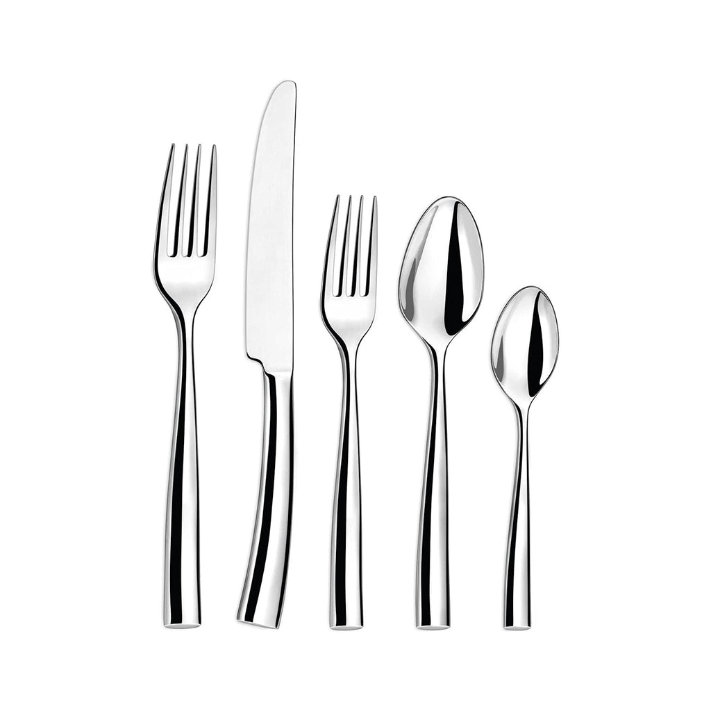 Couzon Silhouette 5-piece stainless steel flatware place setting. Dinner fork, salad fork, knife, soup spoon, dessert spoon.
