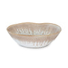 Simon Pearce Burlington Bluff pasta bowl has a white ground with a neutral beige dripped effect border. 