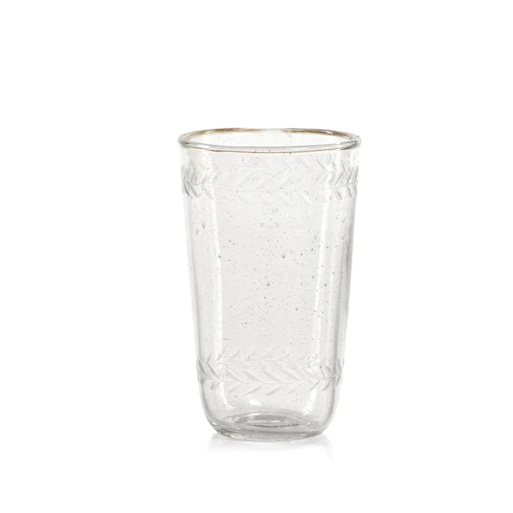 A single tall tumbler features bubbles blown into the glass and vintage etching around the top and bottom rims. 