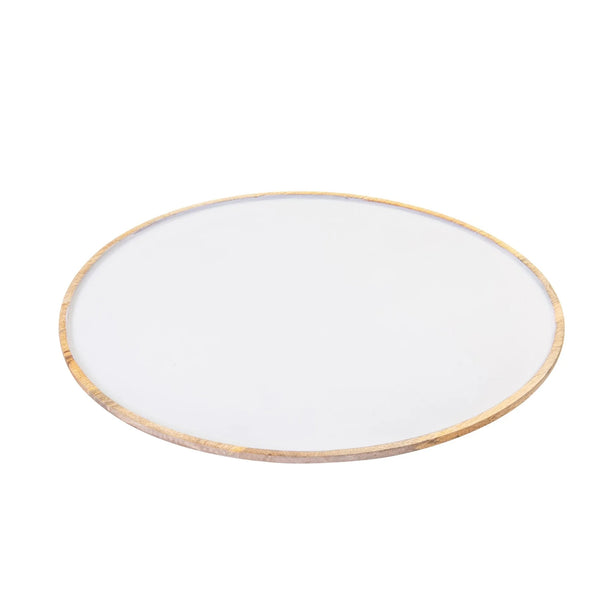 Mango wood 19.5" lazy susan with a smooth white enamel serving surface.